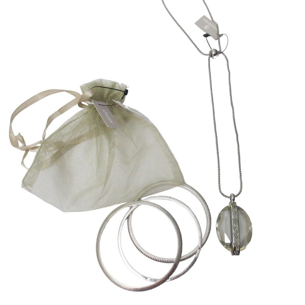 Chico's Contemporary Faceted Glass Pendant Necklace & 3 Bangle Bracelet Set